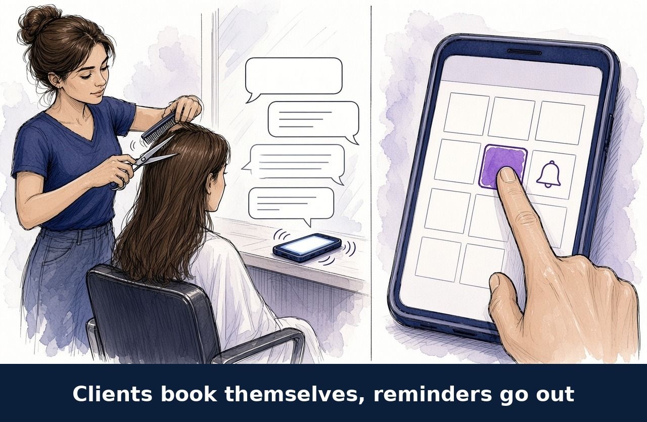 Sketch of a hairdresser working while a client books an open time slot on a phone calendar that sends a reminder
