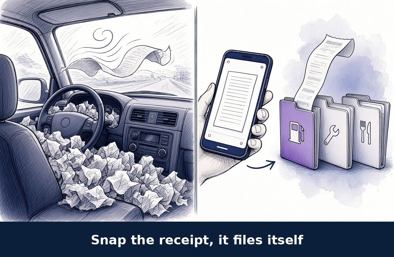 Sketch of a car seat covered in crumpled receipts, next to a phone photographing a receipt that files itself into folders