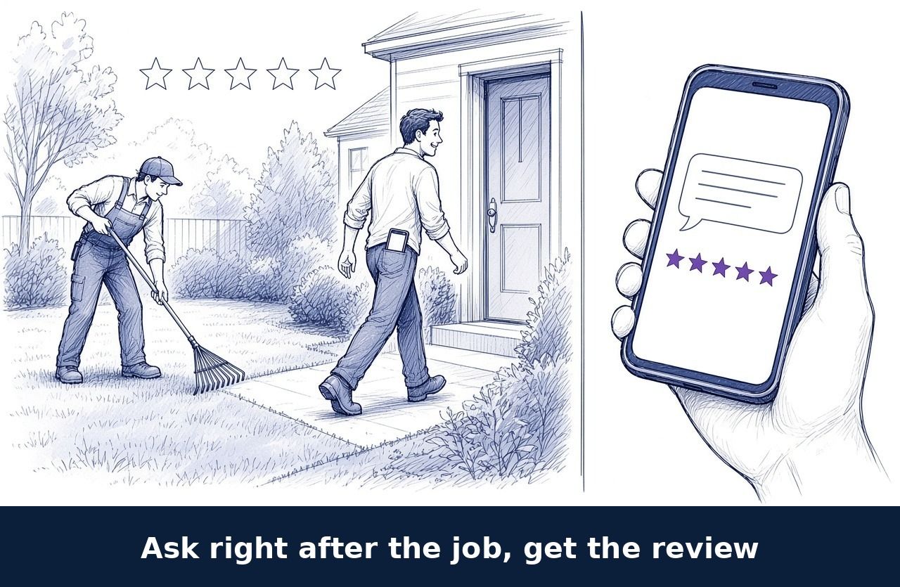 Sketch of a landscaper finishing a job and walking to the door, next to a phone showing a five-star review request